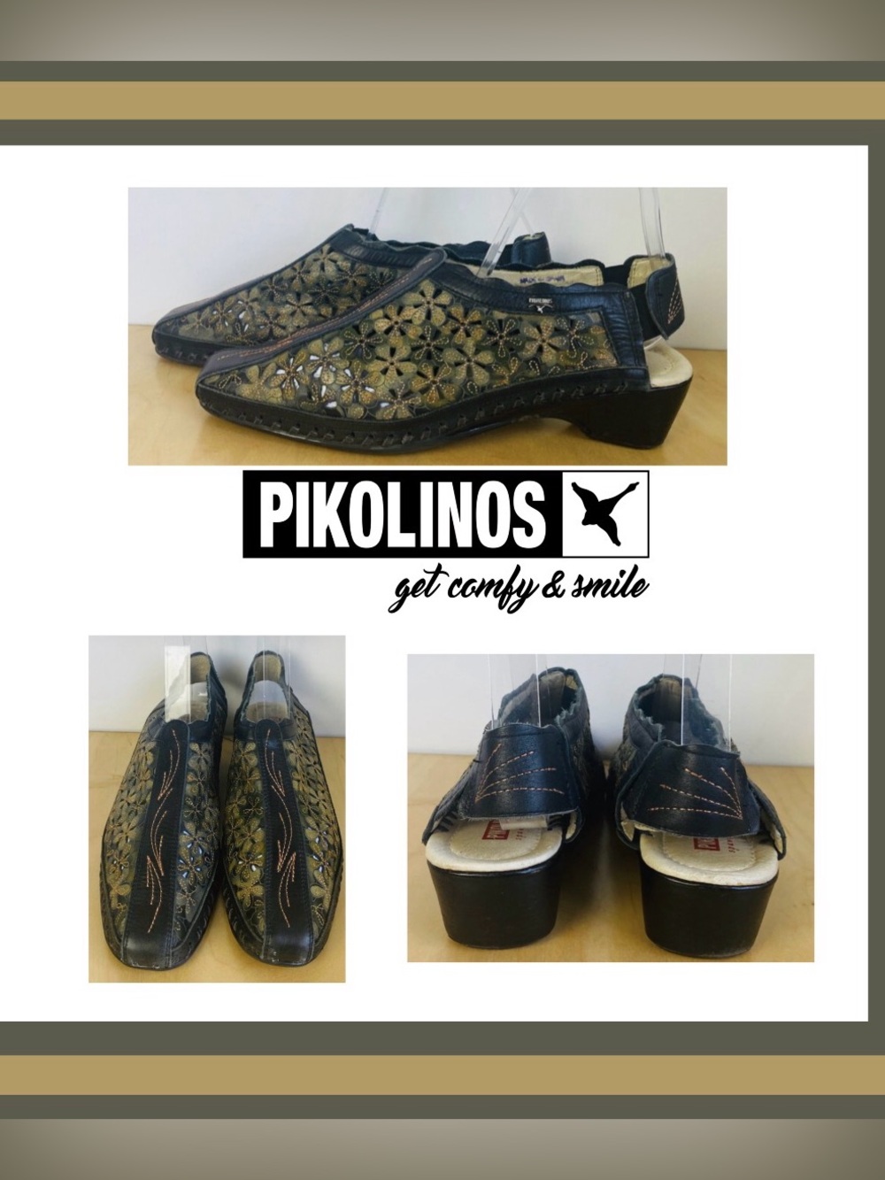 Pikolinos Green/Black Leather Slingback shoes w/ Laser Cut Floral Pattern Sz 39